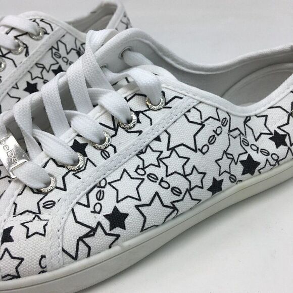 Bebe Women's Sneakers White Black Size 8.5 Daney Canvas Stars Logo Print Lace Up - Picture 3 of 8